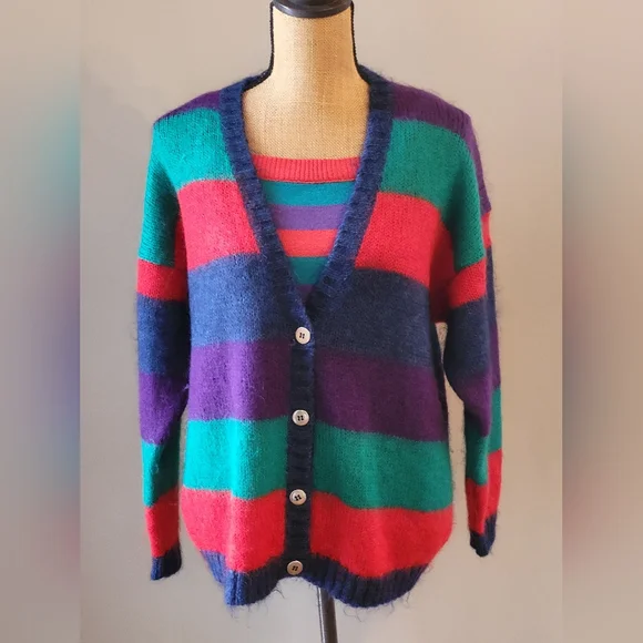 Knit Knit Acrylic & Mohair Striped Cardigan With Matching Knit Tank Top Large - Picture 4 of 15